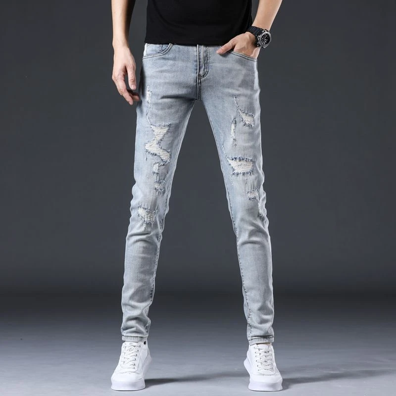 AEMAPE破洞夏季男薄款水洗微弹力牛仔裤潮流直筒弹力韩版百搭男士