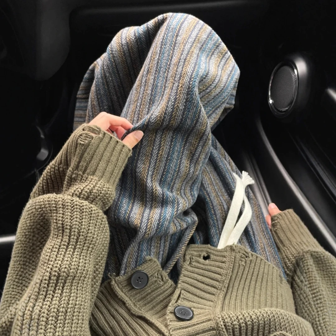 竖条纹毛呢阔腿裤女秋冬新款胖妹妹mm宽松显瘦梨形身材休闲直筒裤