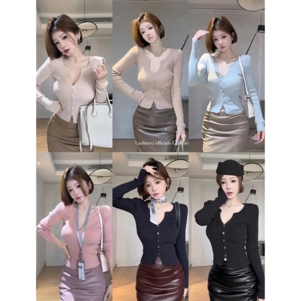 希野逸儿/韩秘书穿搭纽扣V领修身显瘦性感女人显身材中长袖开衫女