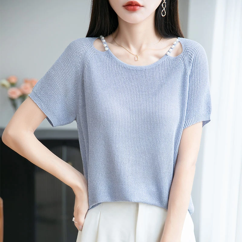 【DOUR&GAREY】精致锁骨钉珠设计感小香风清爽半袖-2093