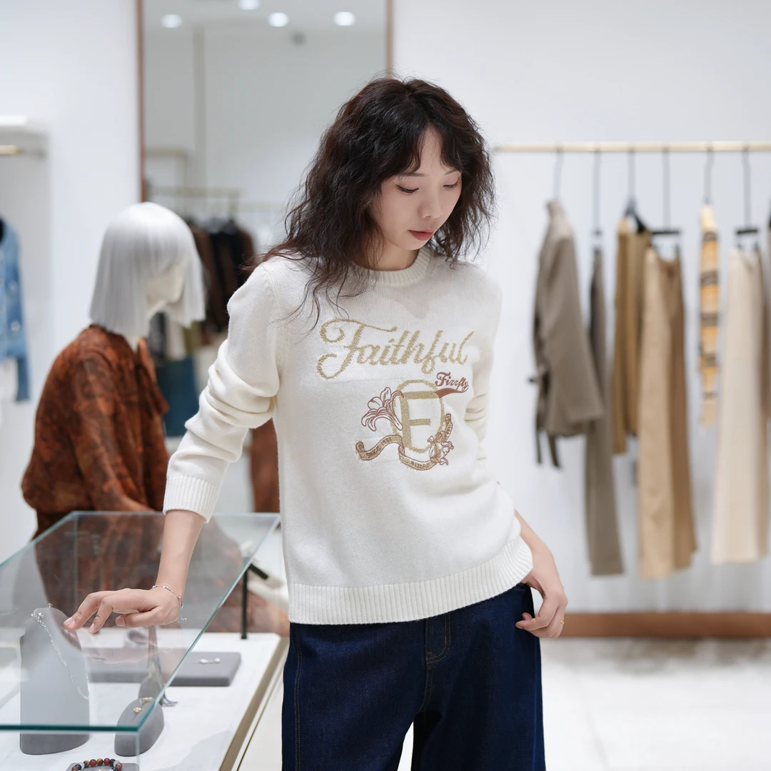 FIZZFLY圆领秋冬长袖常规款提花针织打底衫羊绒衫宽松型上衣