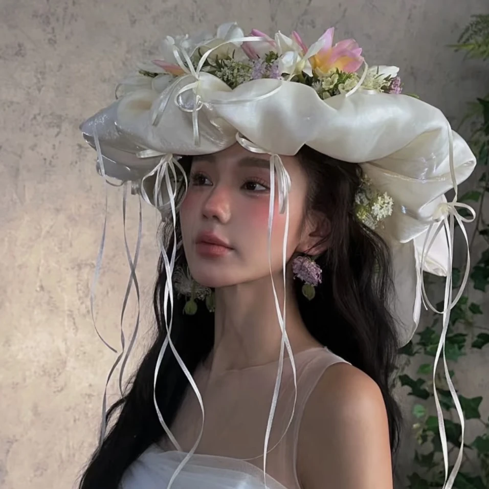 2932新款云朵大帽子蝴蝶结飘带流苏款新娘婚纱出片