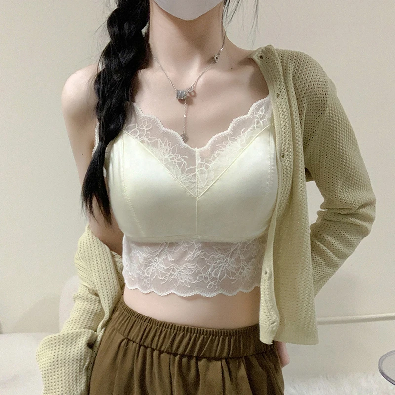 【自带杯垫】百搭时尚性感法式蕾丝风免穿文胸一体吊带背心短款内搭