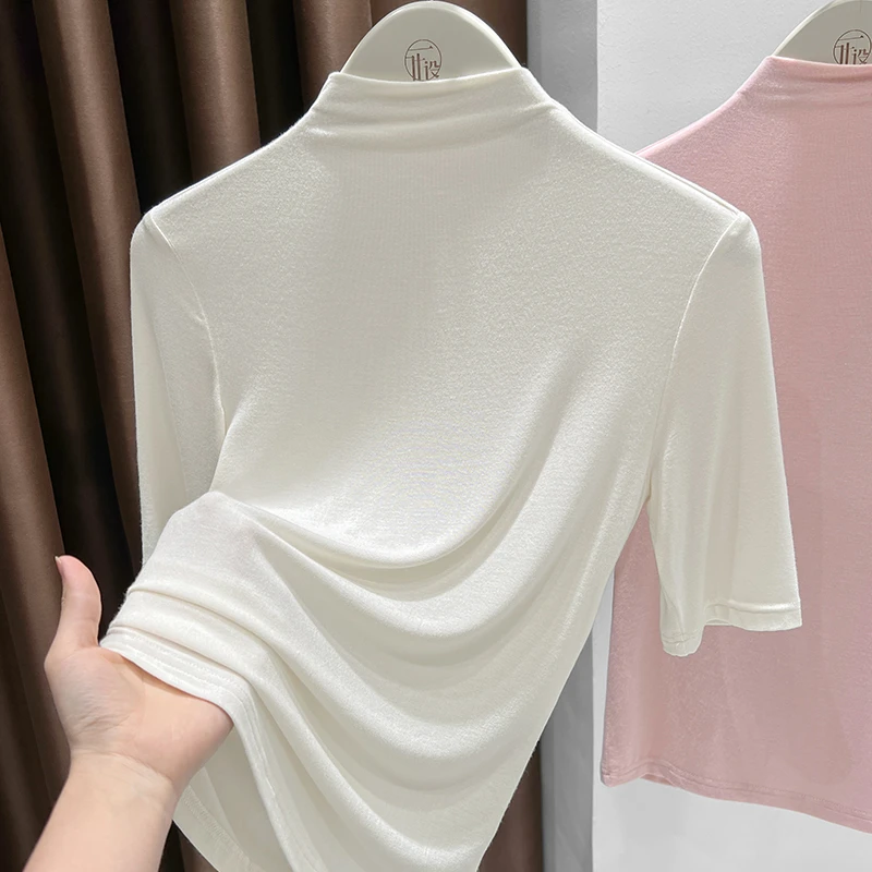 白色气质半高领针织上衣女秋季新款显瘦中袖T恤百搭韩版打底内搭