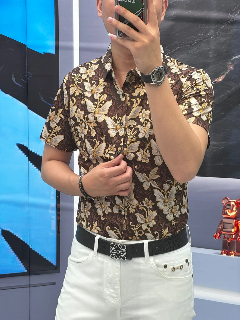 25夏季（轩诚）桑蚕丝蝴蝶印花高品质男士时尚百搭短袖格子衬衫潮流