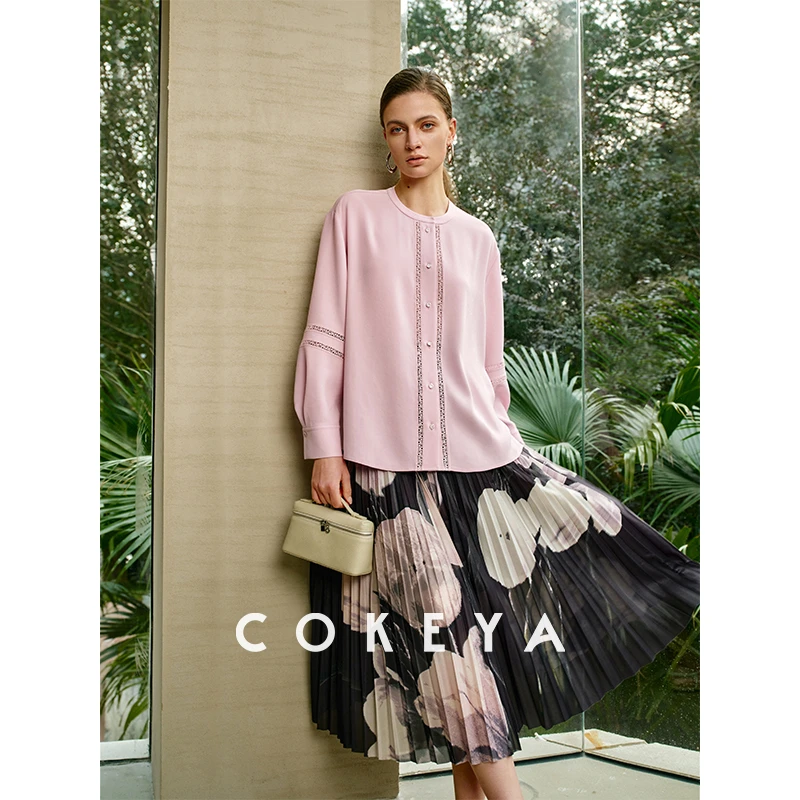 COKEYA/法式蕾丝衫~琎口醋酸宽松薄款纯色圆领长袖衬衣女春秋