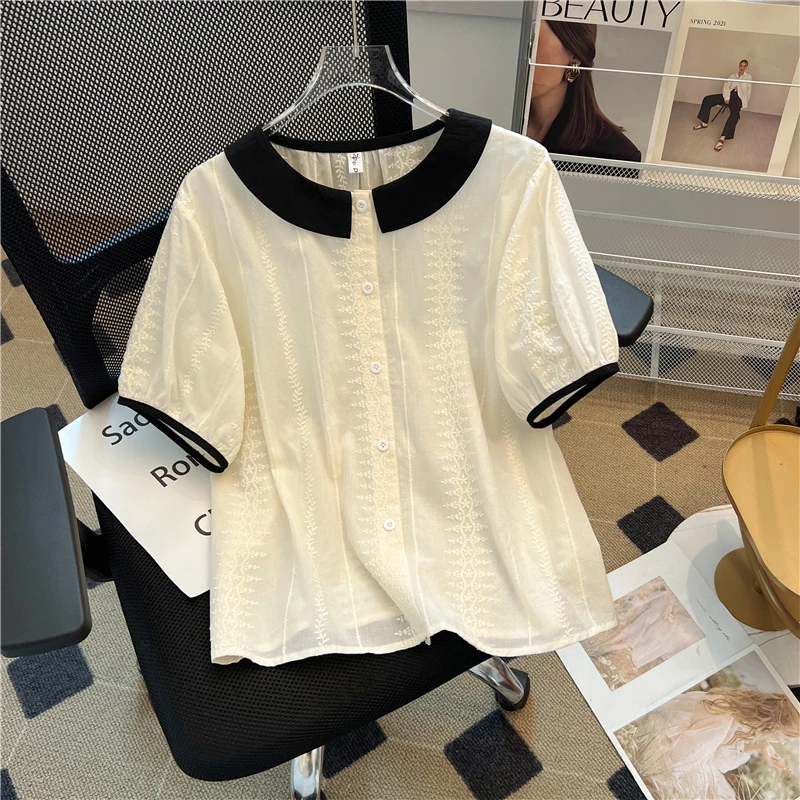 夏季复古气质温柔减龄翻领重工刺绣文艺风短袖设计感小众宽松上衣