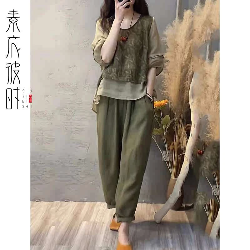 素衣彼时2597夏季女棉麻拼接假两件上衣显瘦哈伦裤两件套服装纸样