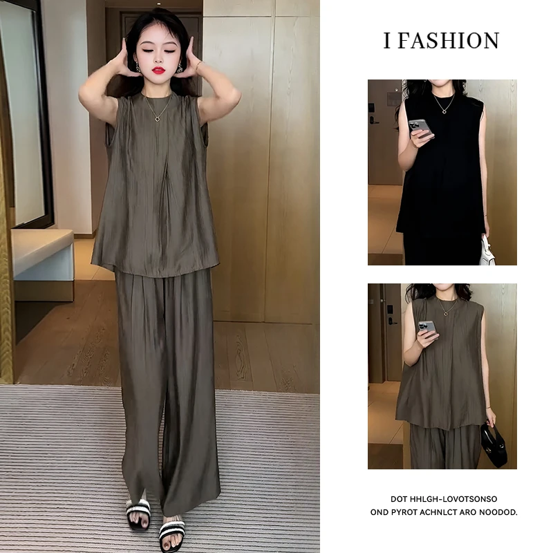 高级感时尚套装女2025年夏季新款洋气显瘦无袖上衣阔腿裤两件套潮