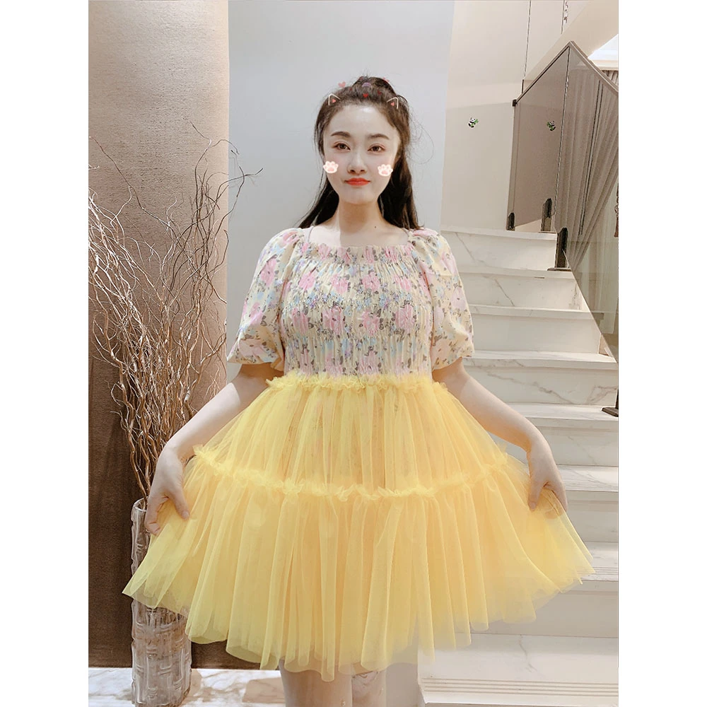 设计师款一字领碎花衬衫拼接高品网纱蓬蓬裙连衣裙女