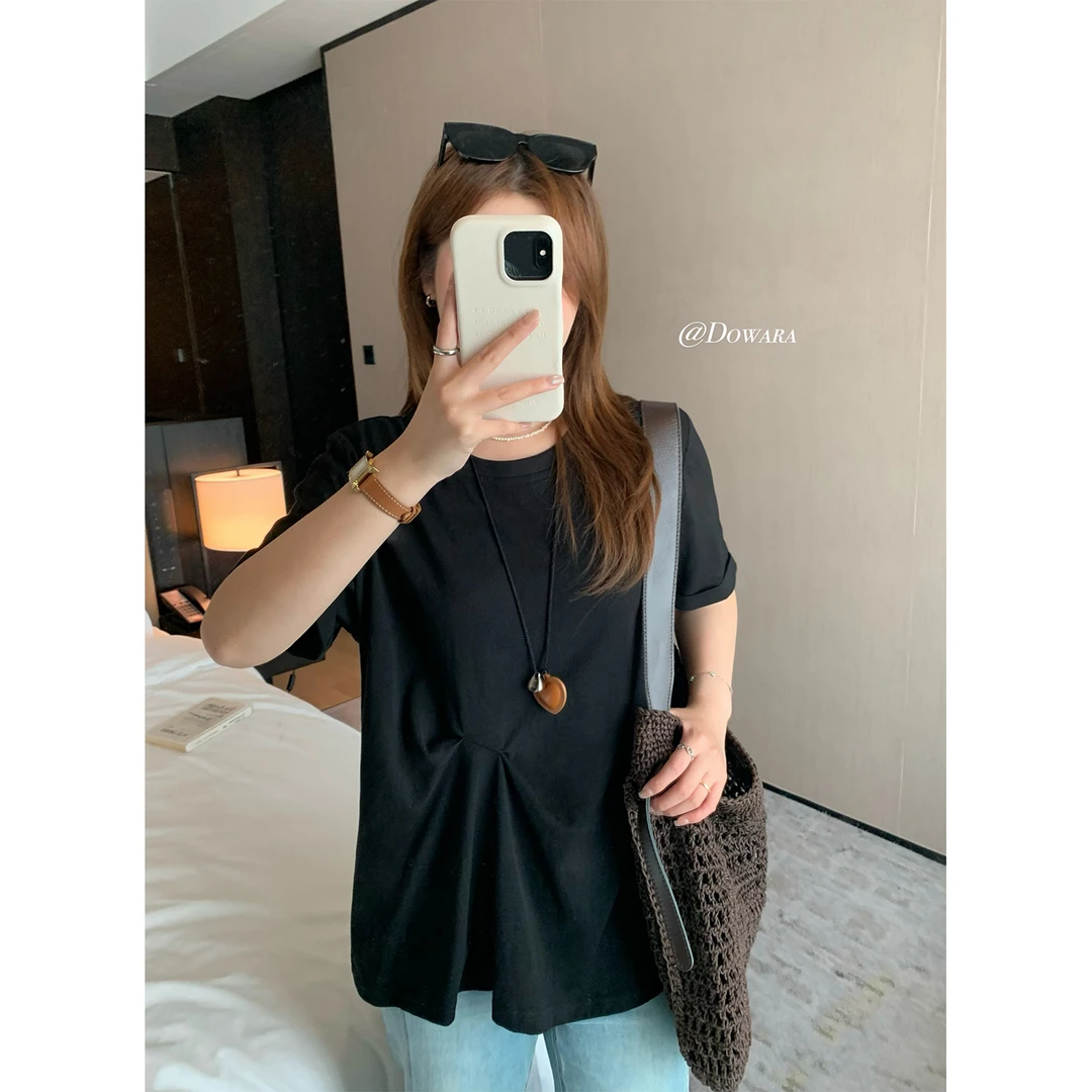 现货大婉酱微胖定制设计感正肩T恤女夏季不规则显瘦上衣8119D