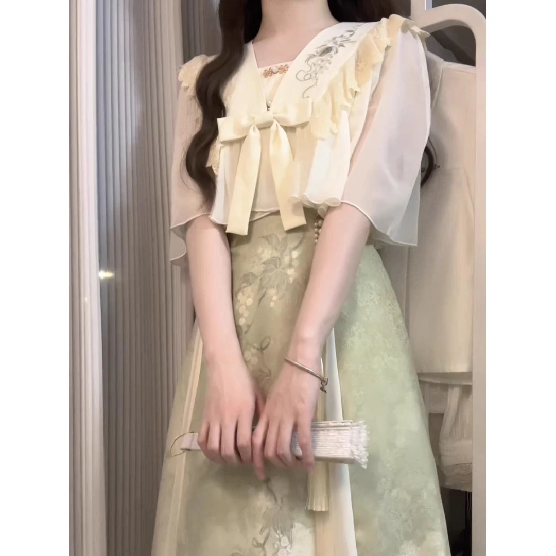 青提诗中国风改良汉元素女外披吊带裙新中式套装夏