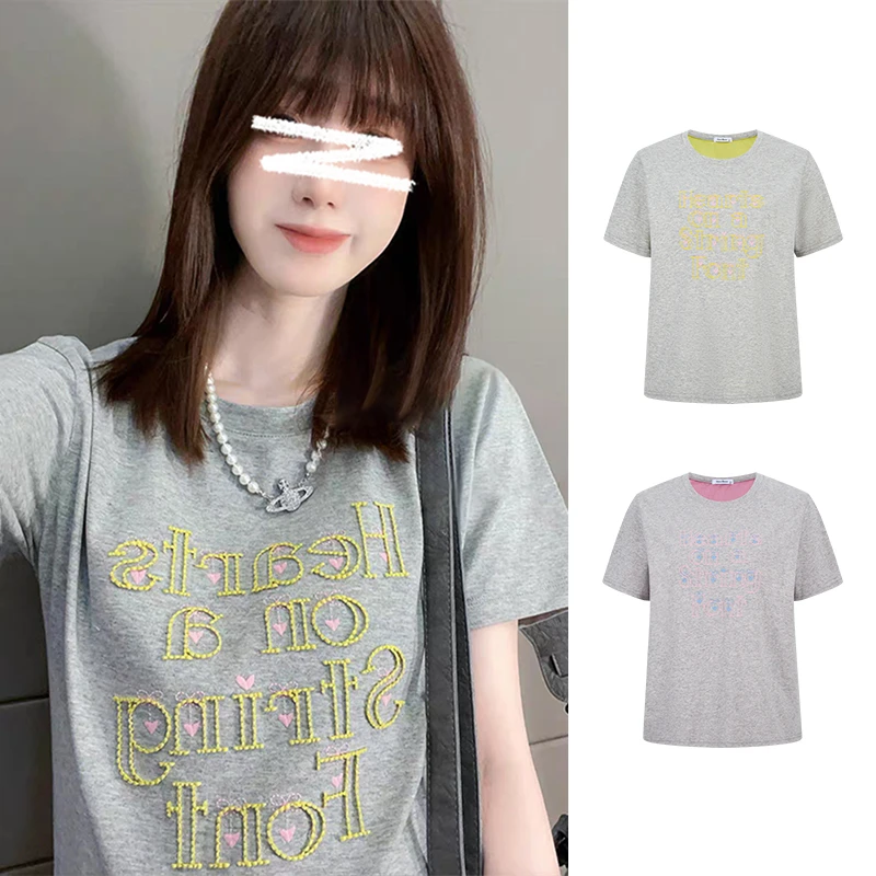 Moses Queen/魔西女王小爱心字母刺绣短袖微胖mm宽松遮肉显瘦t恤
