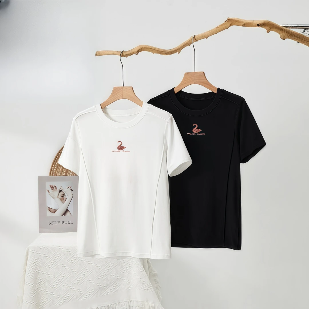 高弗/GAOFU 桑蚕丝混纺针织螺纹 高弹力 重工混袖天鹅 T恤女A2211