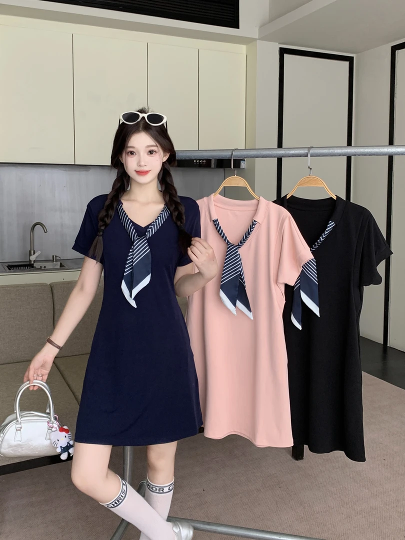 2025夏季胖mm大码女设计感丝巾拼接短袖连衣裙收腰显瘦A字裙35800