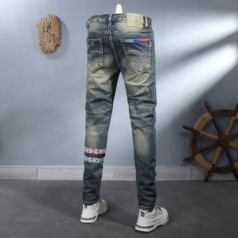 高端品质美式复古怀旧牛仔裤男修身直筒弹力裤子潮牌个性拼色裤子