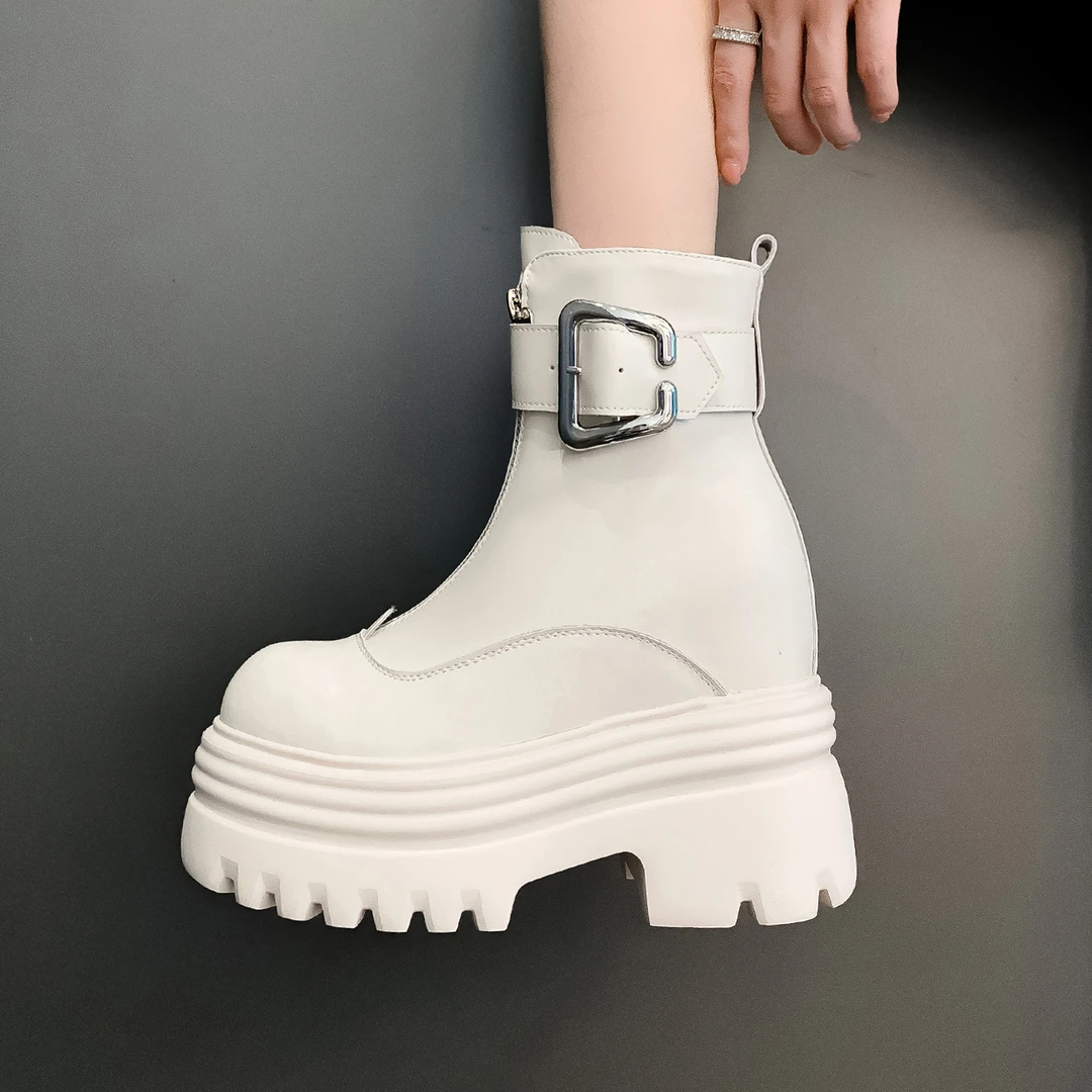 真皮透气女14cm内增高韩版马丁靴女秋季时尚厚底高跟圆头短靴子