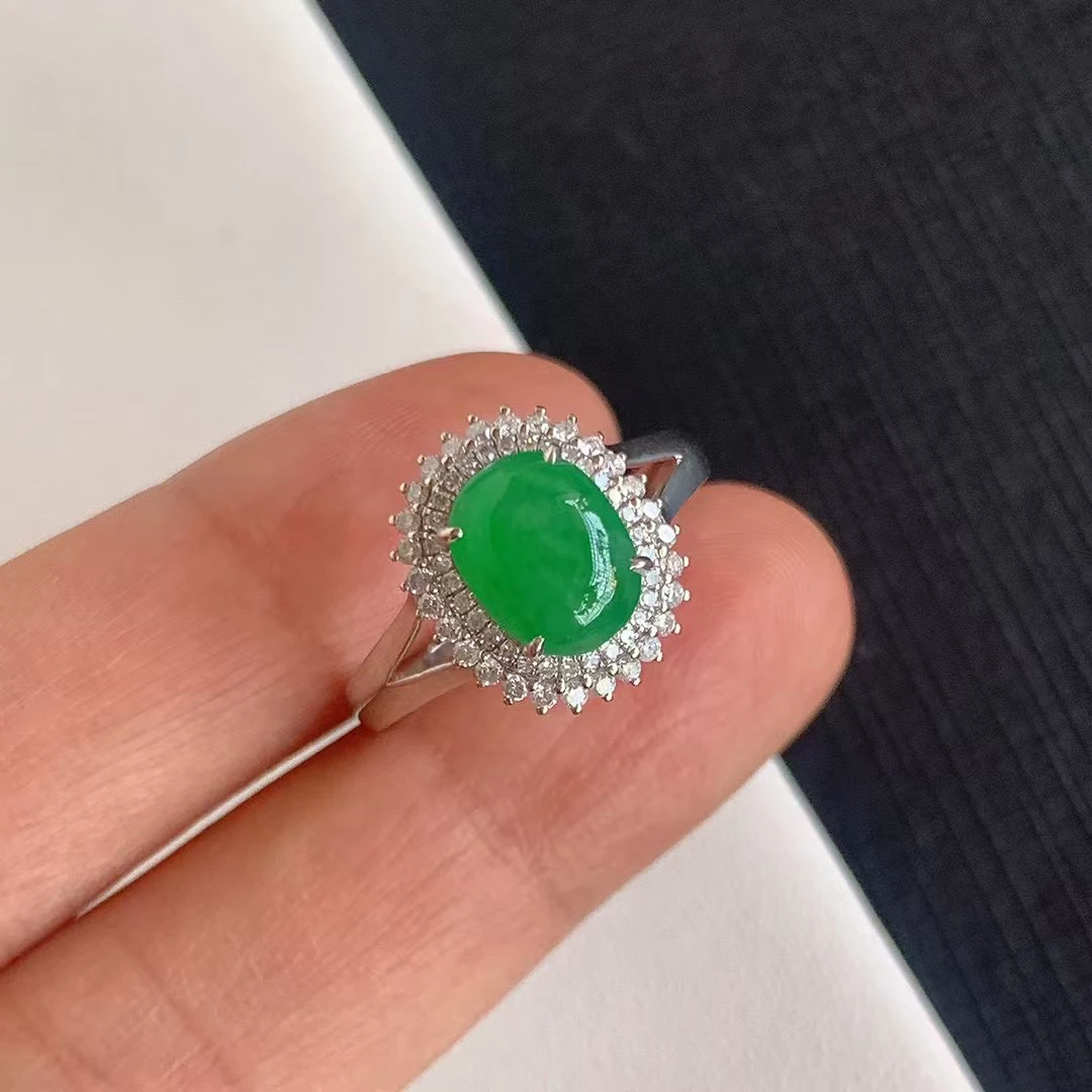 缅甸天然a货翡翠18k金钻镶嵌绿蛋面戒指a5尺寸9/6.8/7.5 圈口17