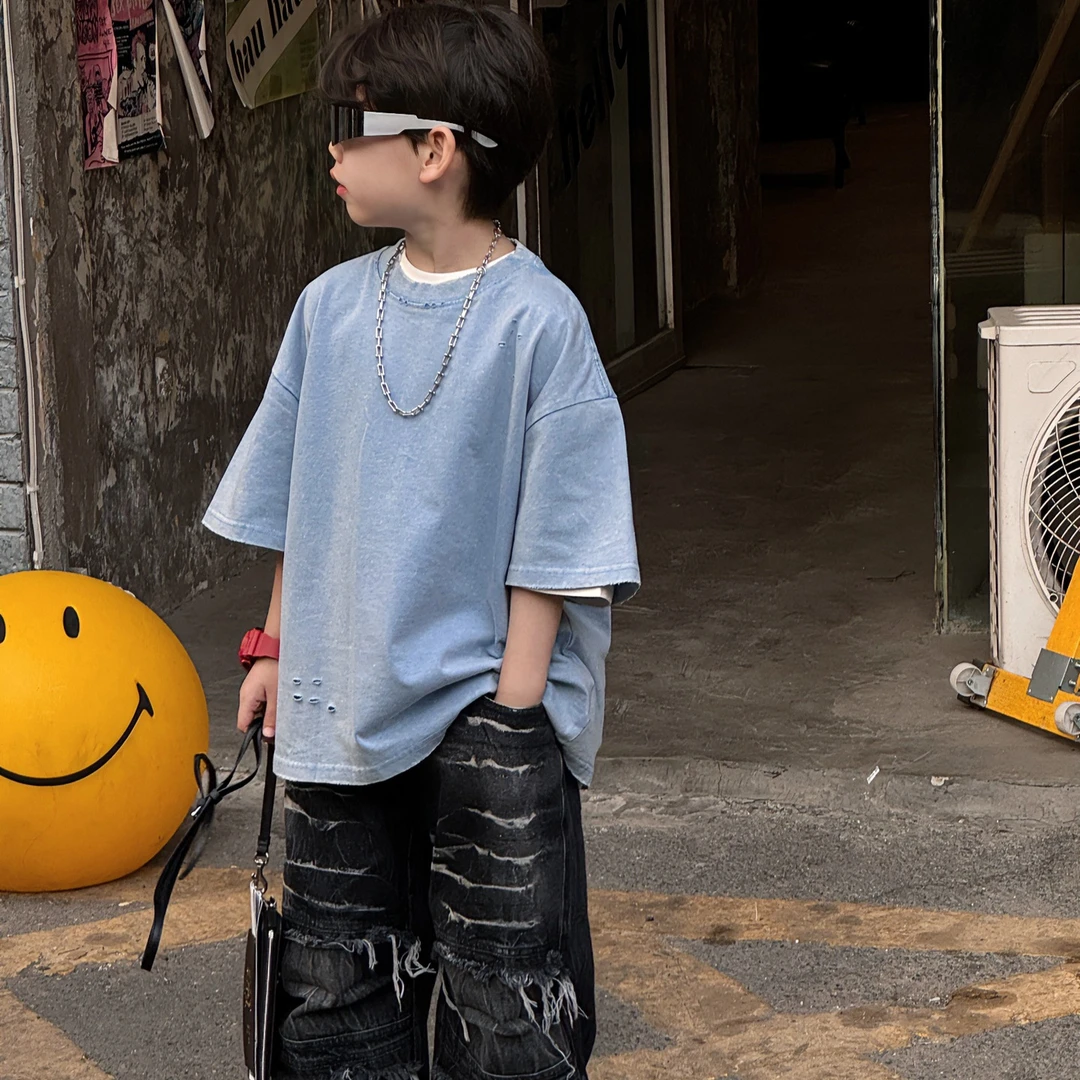 2025春夏新款韩版男童炒洗字母美式嘻哈街头T恤儿童上衣潮