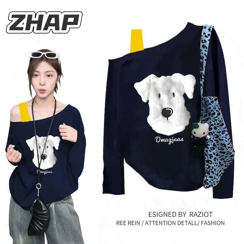 【ZHAP】斜领肩带长袖T恤女秋季宽松百搭爆款今日穿搭卡通狗狗上衣
