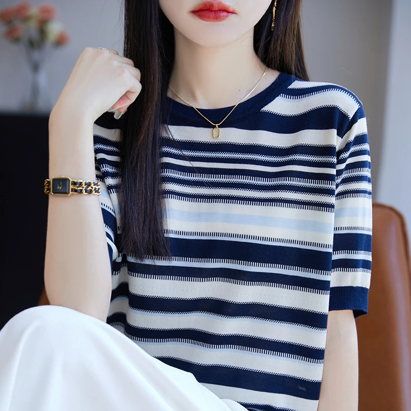 哥弟阿玛施正品夏季时尚条纹针织短袖冰丝T恤女圆领薄款宽松上衣