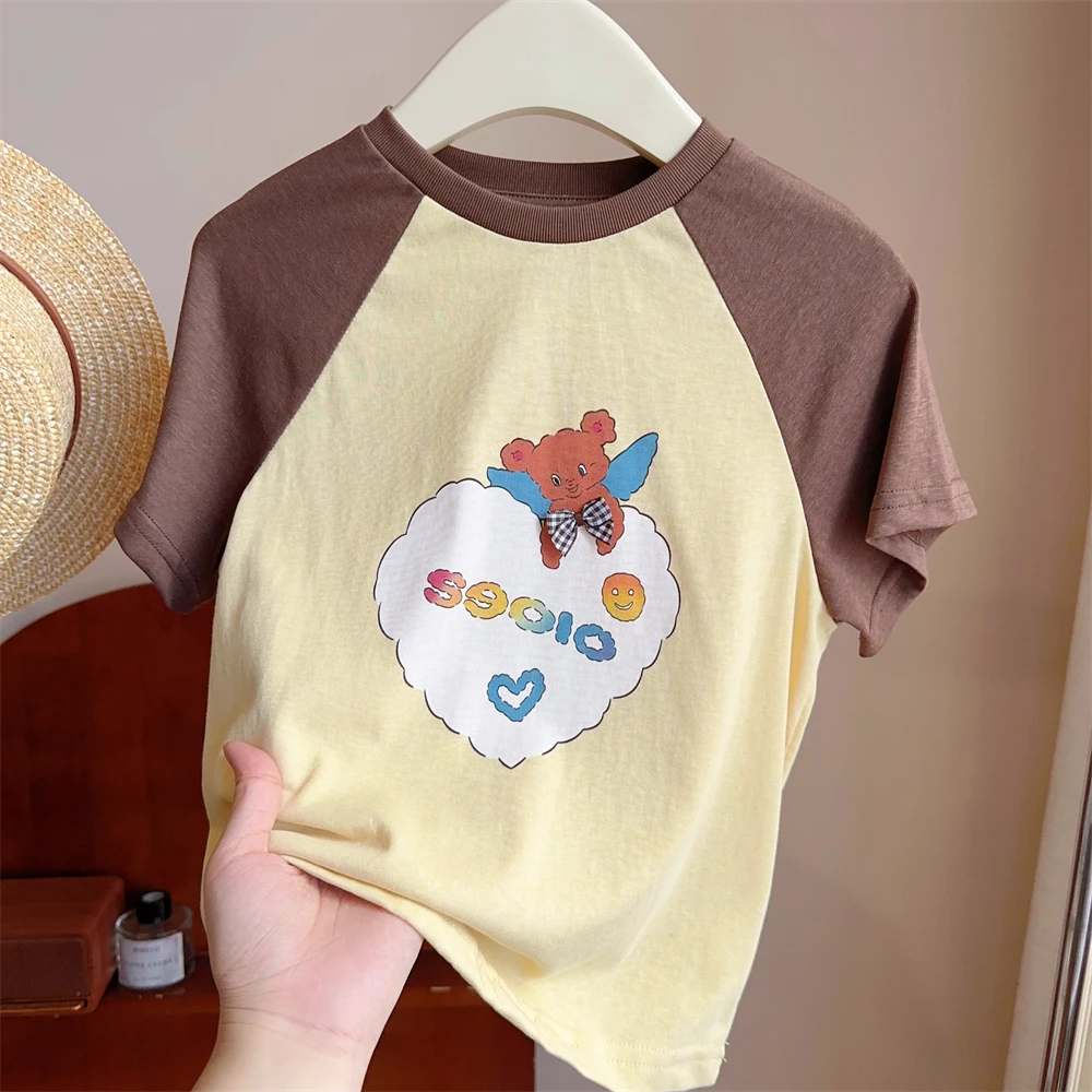 现货【公主驾到】7347夏季短袖拼色T恤女童宽松时尚卡通上衣