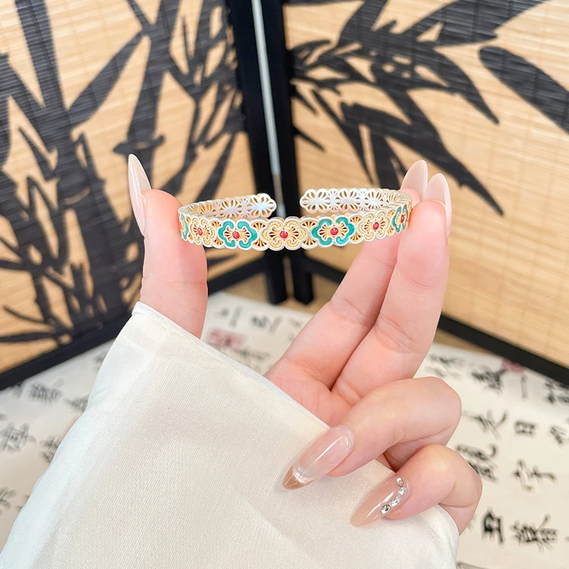 足银珐琅手镯 手工「花见青」足银999.9花丝手镯女描金彩银镯子