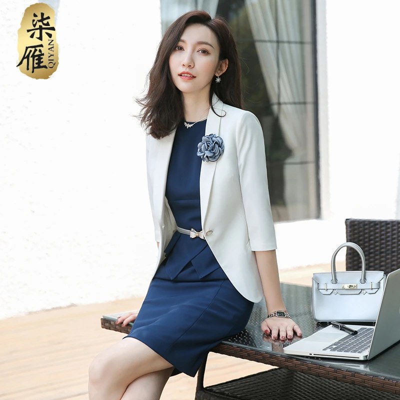 七分袖长袖职业女裙套装女神范修身白色前台小西装时尚气质