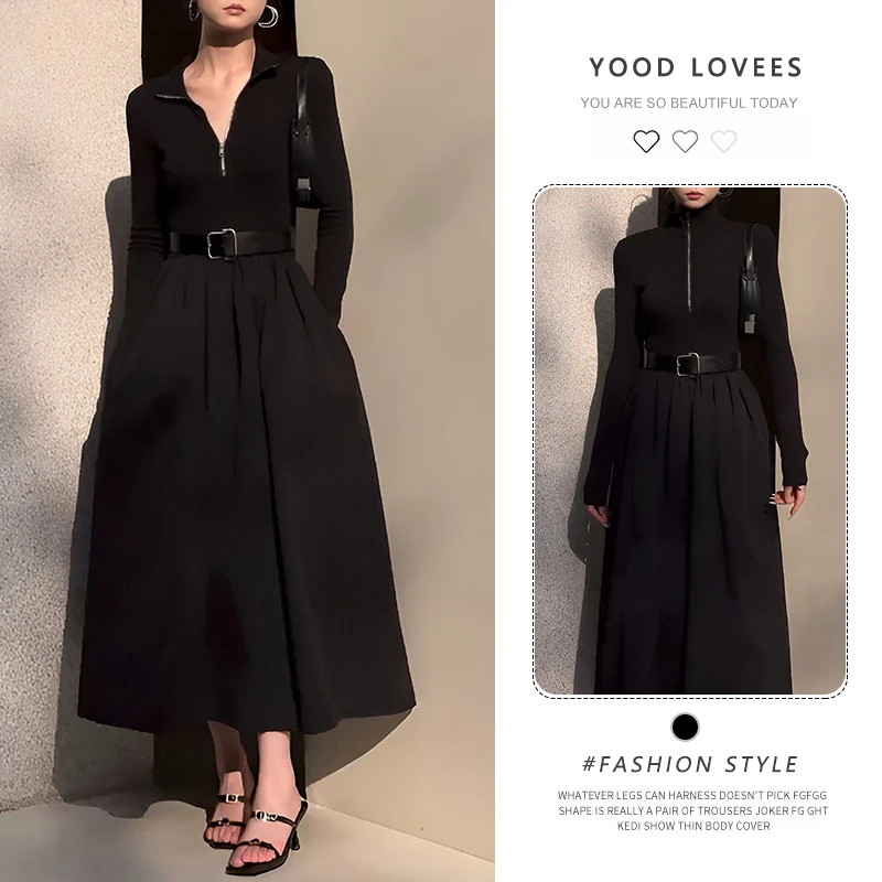 气质赫本风长袖显瘦连衣裙女春秋新款黑色裙子高级感a字大摆长裙