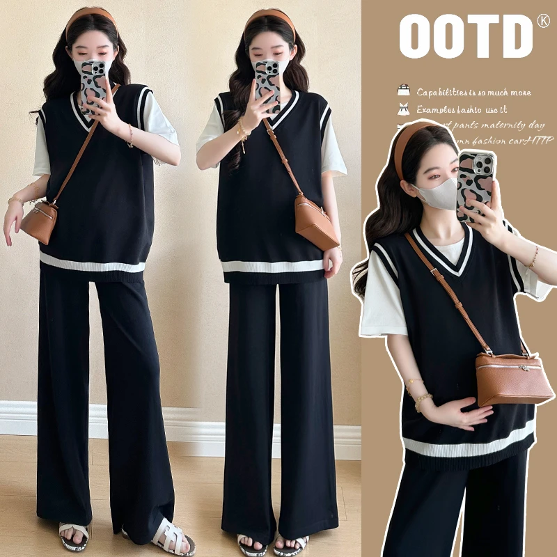 夏装新款韩版孕妇装宽松假两件针织T恤夏季时尚款上衣+阔腿裤套装