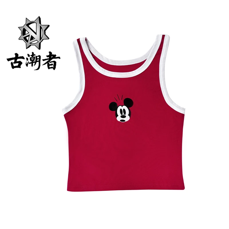 十三姨复古老鼠印花v领吊带背心女夏季学院风运动美式修身上衣