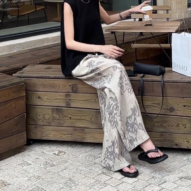 “青花瓷”老钱风凉爽混纺绸缎印花晕染阔腿休闲冰丝阔腿垂感