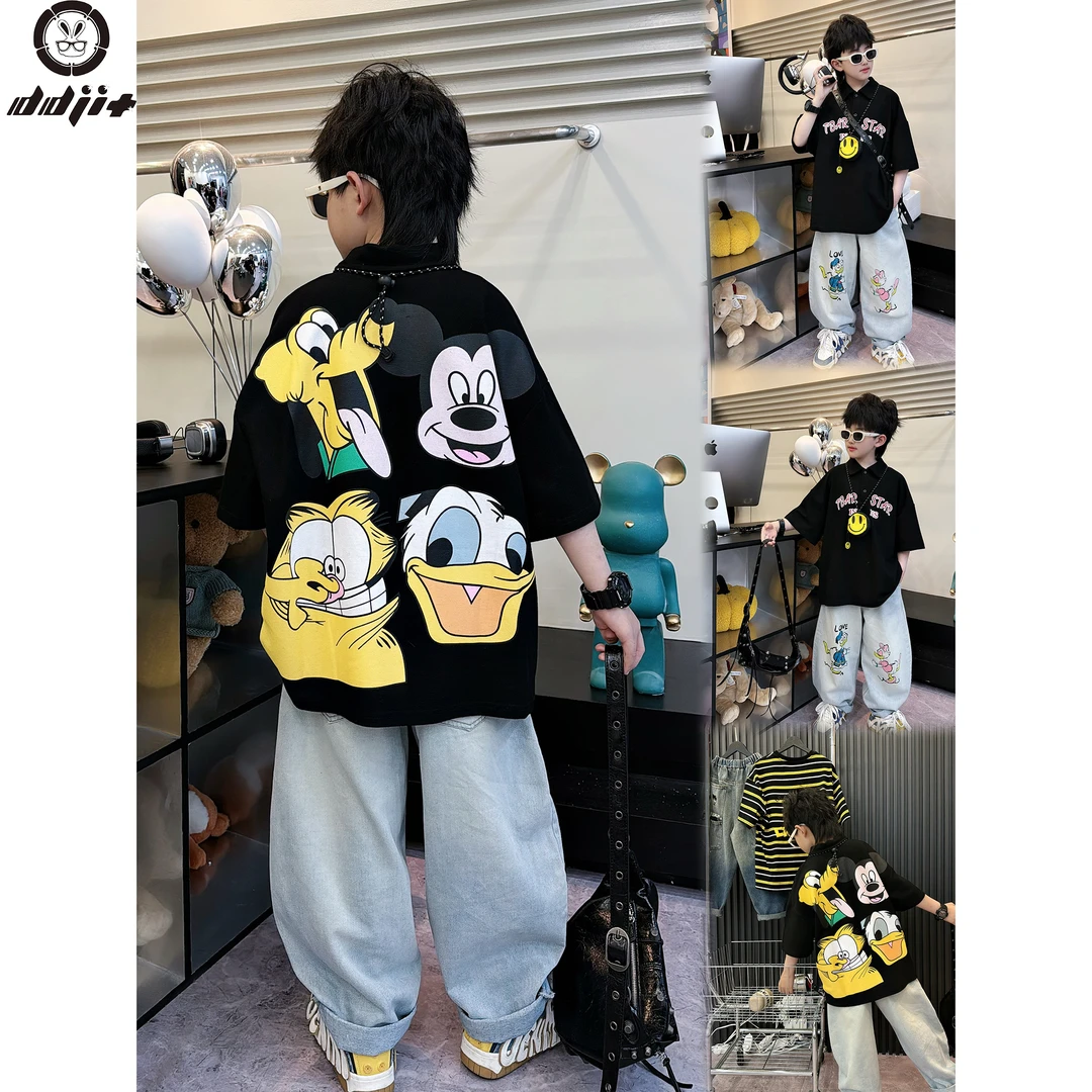 蛋蛋家【卡通盛宴】夏款时尚街头男童黑色背面卡通印花polo短袖T恤