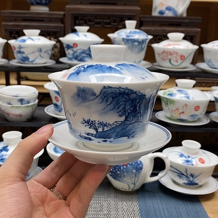 手绘江南220盖碗高温釉下彩微瑕福利款