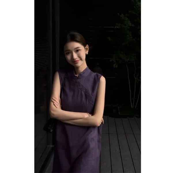 新中式复古立领盘旗袍长裙国风开叉无袖背心连衣裙女夏