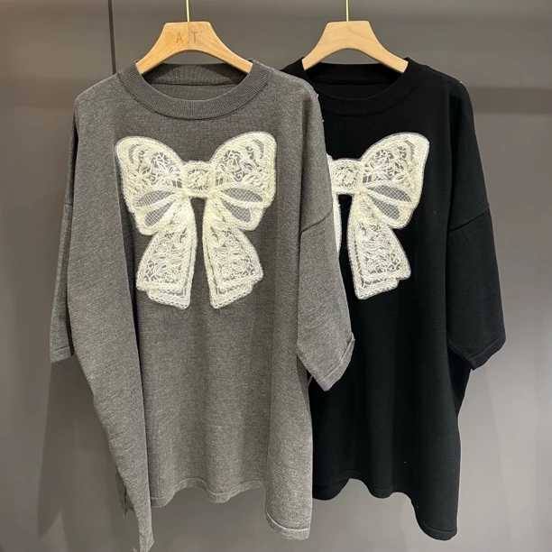 （老三）韩版显瘦T恤慵懒风套头针织网红圆领中长款蝴蝶结上衣