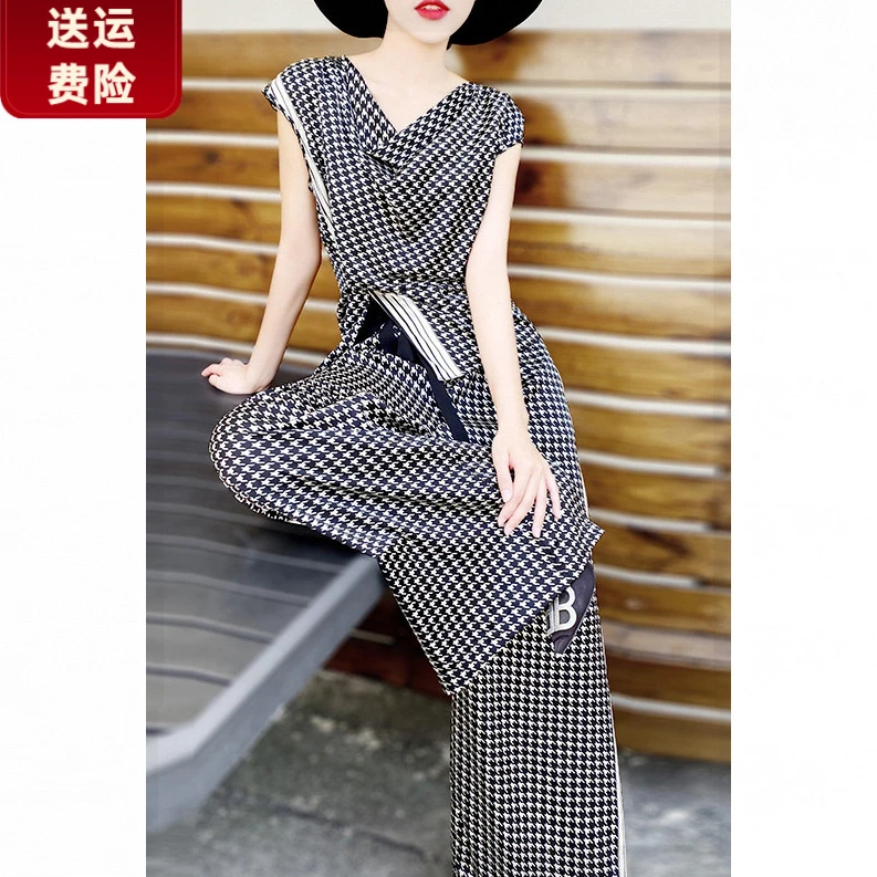 【3820人收藏】2025夏季新款女装气质设计感千鸟格显瘦高腰阔腿裤两