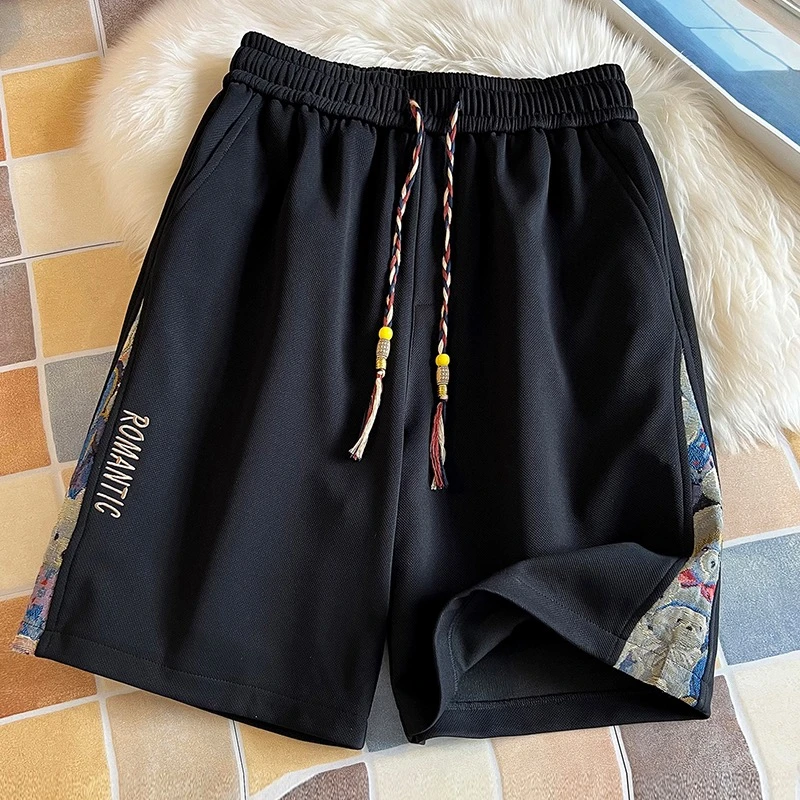 刺绣拼接运动短裤男夏季薄款美式复古高街ins潮牌宽松休闲五分裤5