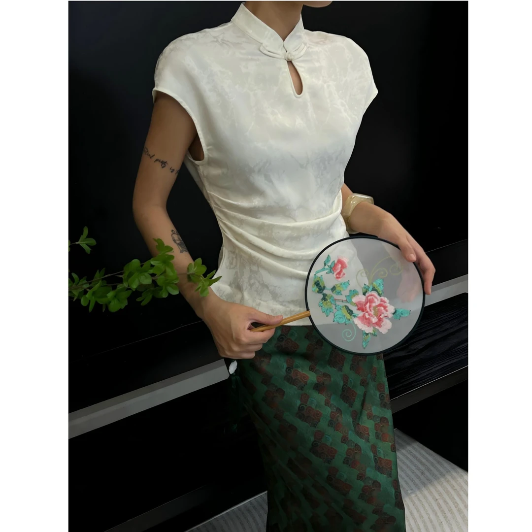 「余熹」2025夏季新款新中式国风提花无袖修身显瘦上衣L413