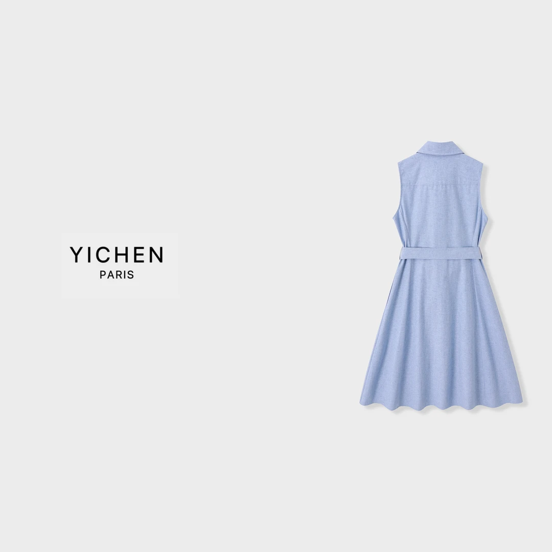 YC 珍珠白/海雾蓝刺绣徽标翻领单排扣无袖衬衫连衣裙-1960