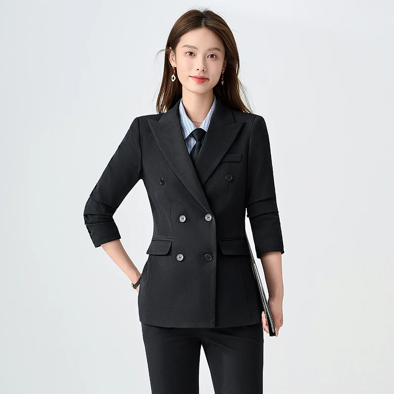 通勤风双排扣女士西装套装高端职业正装女神范长袖外套阔腿裤正装