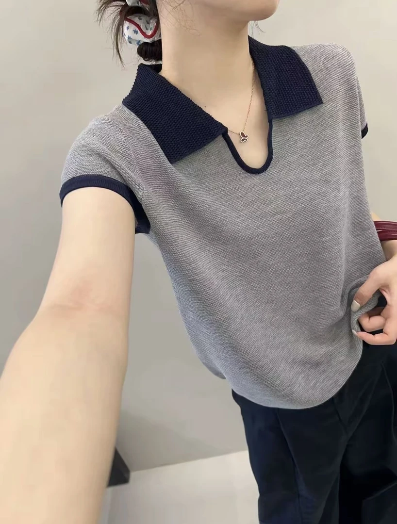 法式polo领撞色针织短袖上衣时尚设计感小众别致短款5196