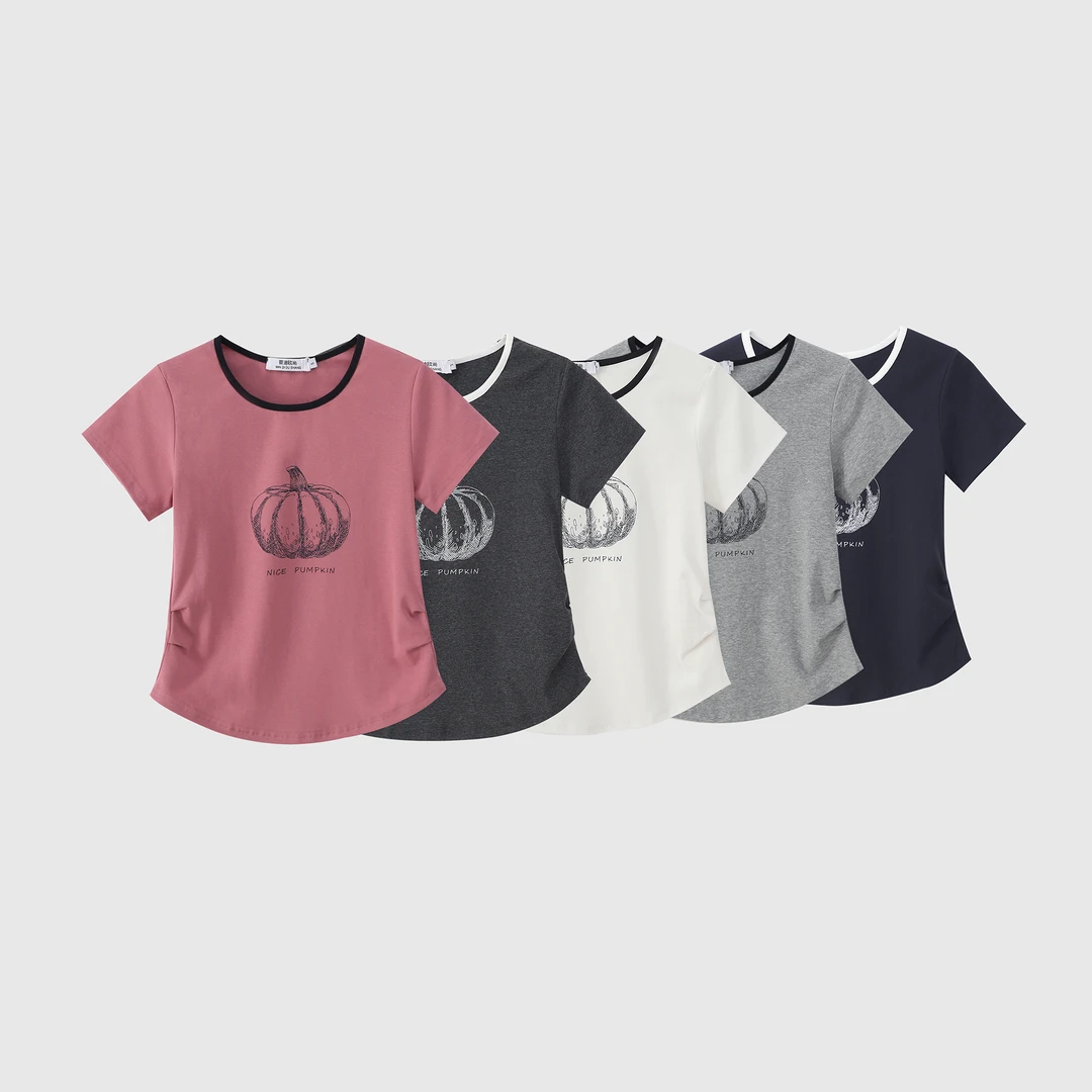 【蔓迪欧尚】2025夏季新款韩系南瓜拼接圆领印花上衣显瘦休闲837-1