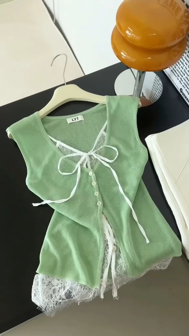 2025夏季新款蝴蝶结系带无袖背心女设计感拼接薄款V领上衣ins