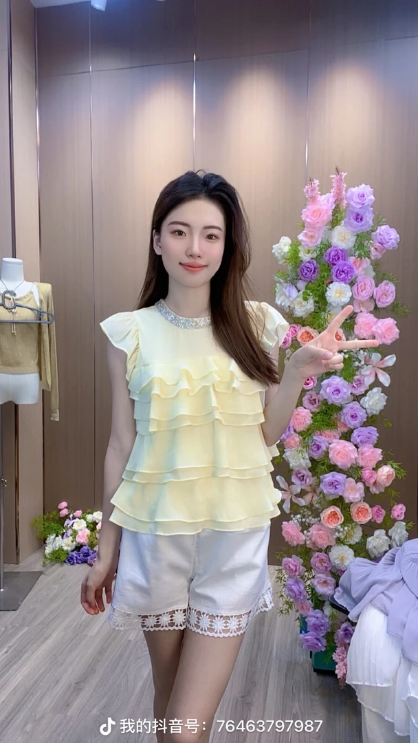 2025夏季新款亮片宽松短袖雪纺衫女荷叶边独特薄款上衣