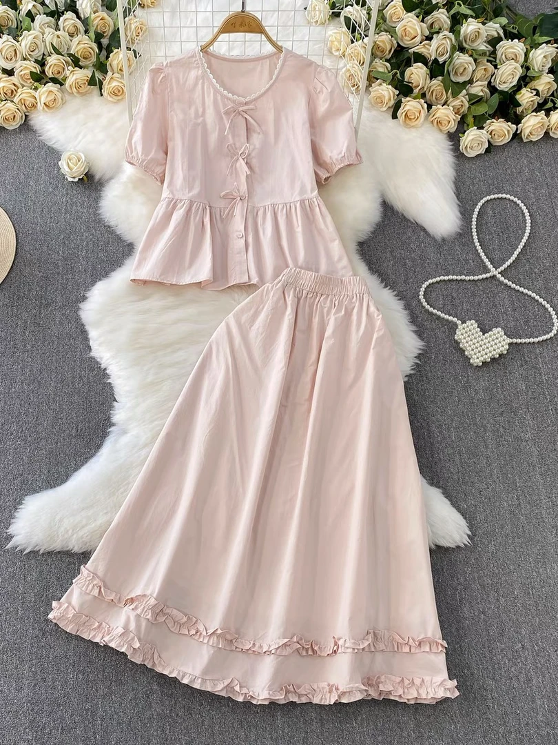 韩系甜美蝴蝶结宽松短袖衬衫搭配高腰半身长裙温柔套装