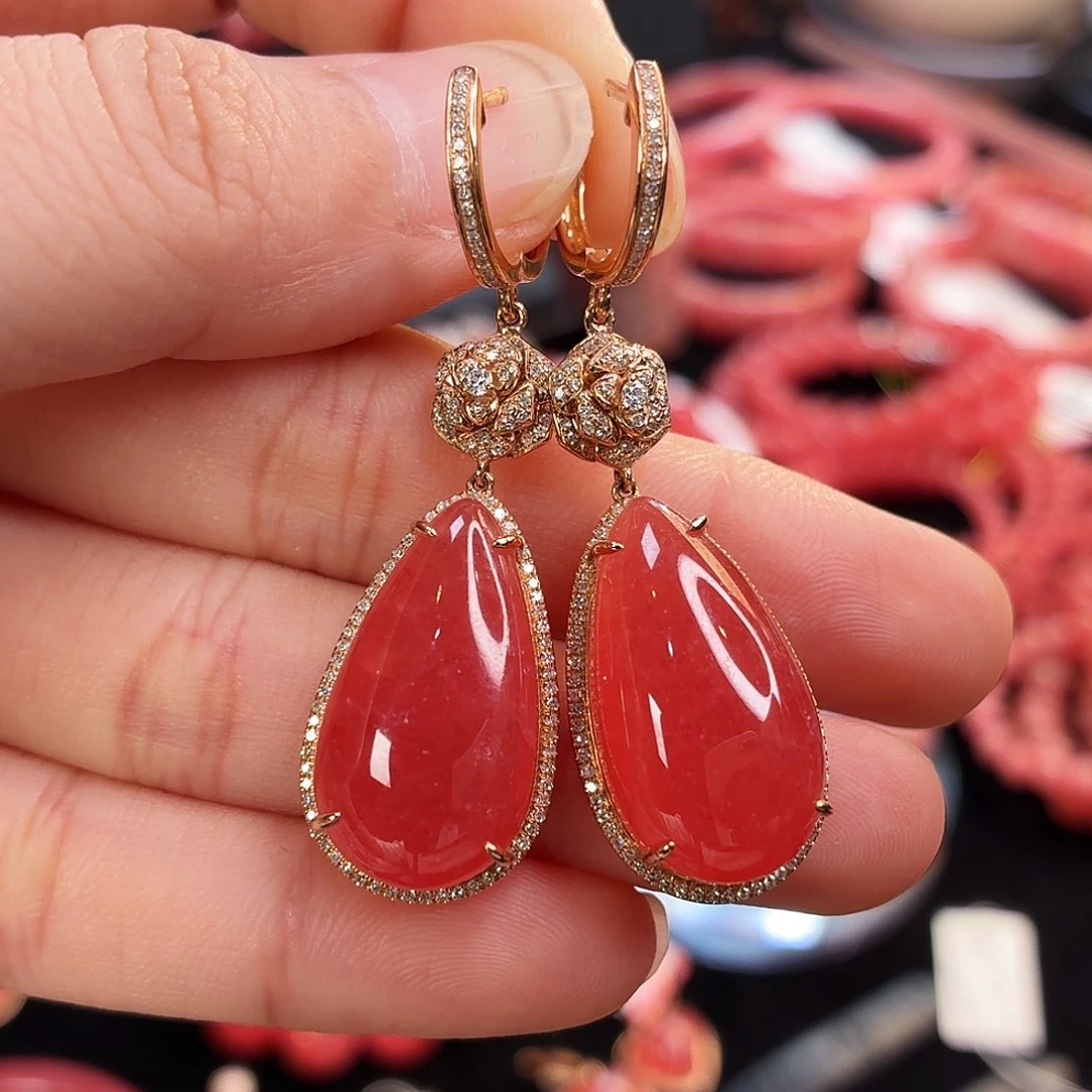 菱锰矿（红纹石）18K金镶嵌耳坠