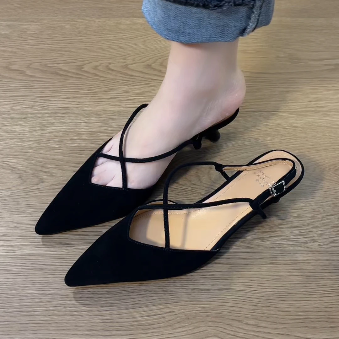 凉鞋2025年夏季小细跟新款凉鞋优雅舒适百搭气质尖头后空凉鞋女款