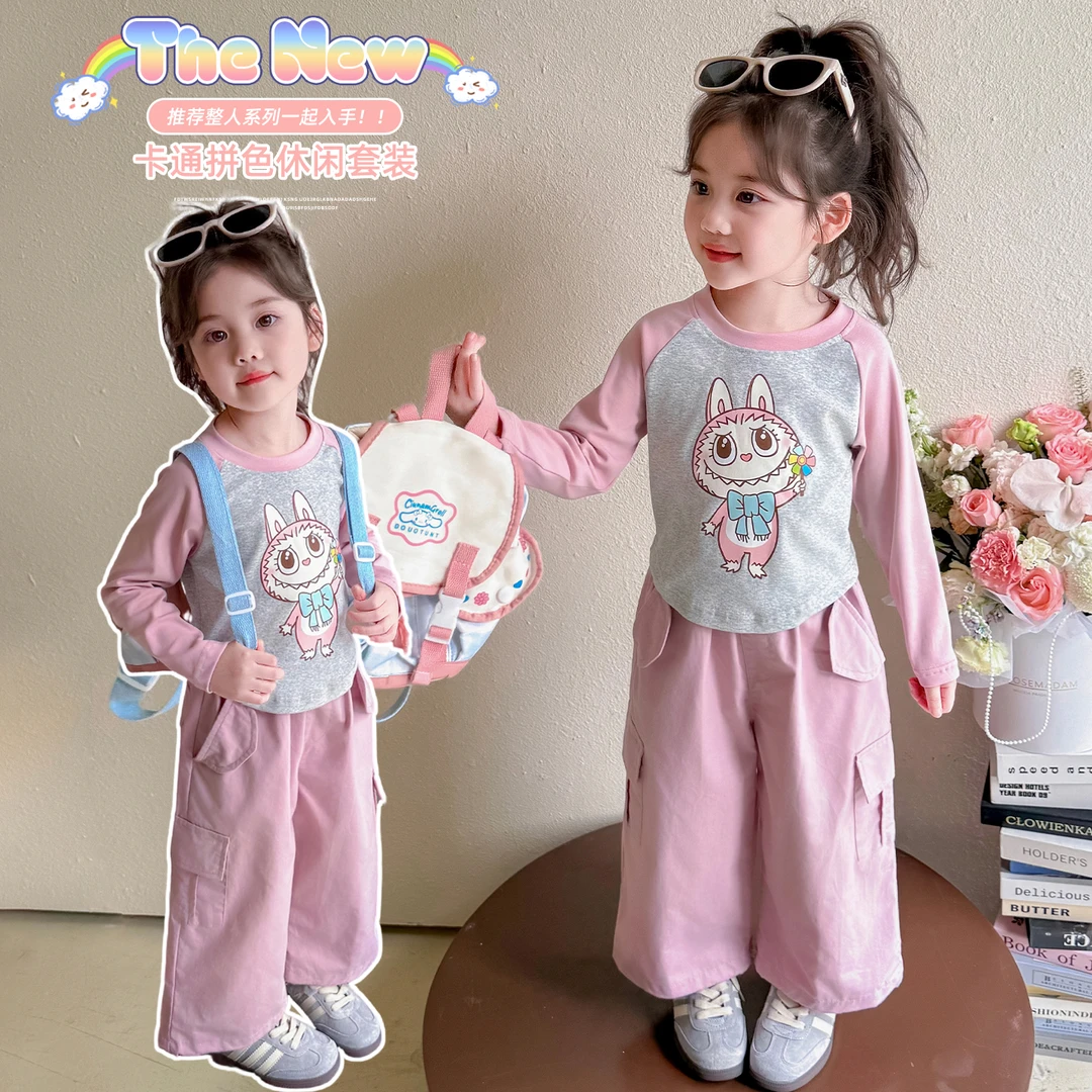 女童洋气卡通工装裤套装洋气儿童春秋季新款女宝宝休闲两件套女孩