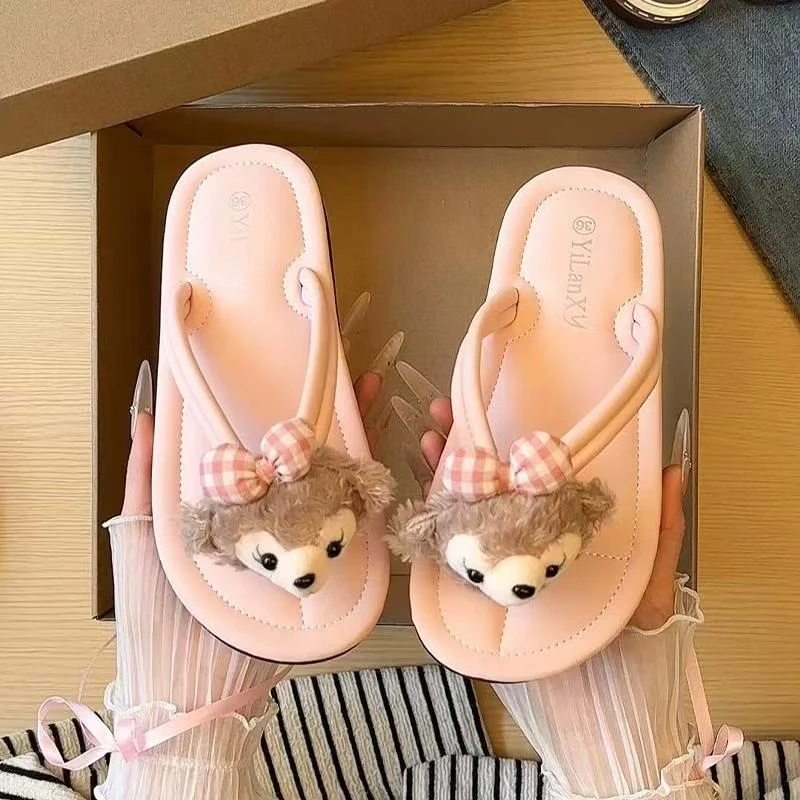 少女粉卡通可爱人字拖外穿女2025年夏季新款软底百搭沙滩平底拖鞋
